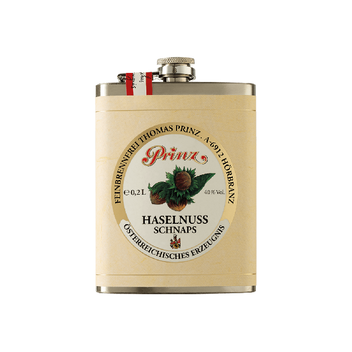 Edelstahl-Flachmann mit Haselnuss Schnaps 40 % vol. 1 Edelstahl-Flachmann mit Haselnuss Schnaps 40 % vol.