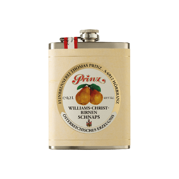 Edelstahl-Flachmann mit Williams-Birnen Schnaps 40 % vol. 1 Edelstahl-Flachmann mit Williams-Birnen Schnaps 40 % vol.