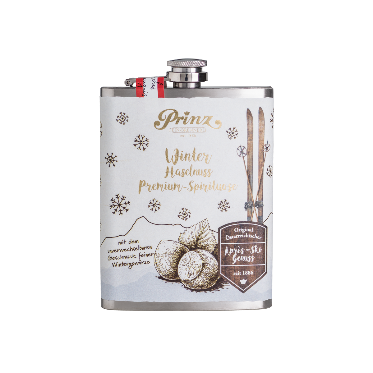 Edelstahl-Flachmann mit Winter Haselnuss 34% vol 1 Edelstahl-Flachmann mit Winter Haselnuss 34% vol