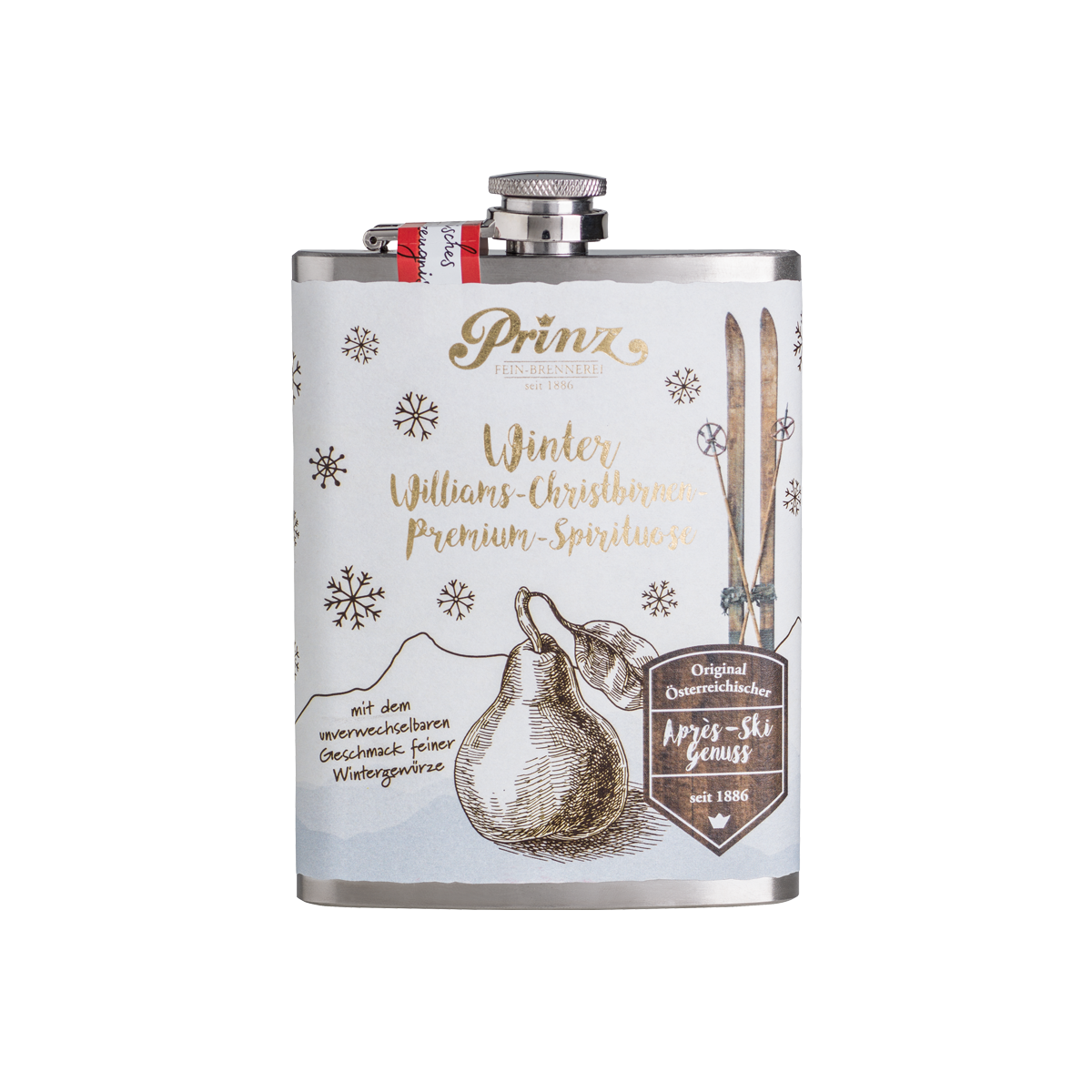 Edelstahl-Flachmann mit Winter Williams Birne 34% vol 1 Edelstahl-Flachmann mit Winter Williams Birne 34% vol