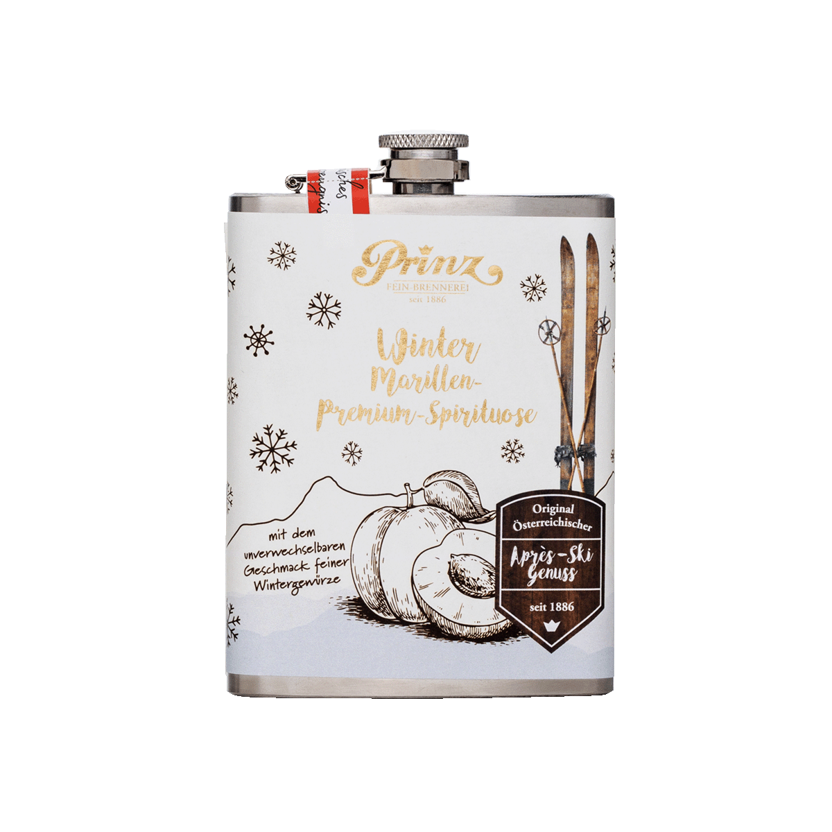 Edelstahl-Flachmann mit Winter Marille Schnaps 40 % vol. 1 Edelstahl-Flachmann mit Winter Marille Schnaps 40 % vol.